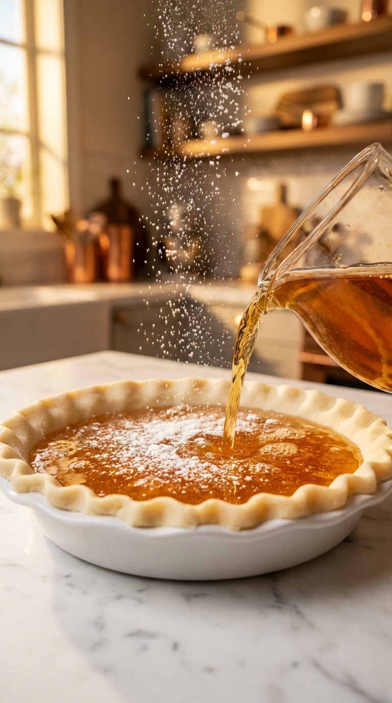 Pouring apple juice into crust