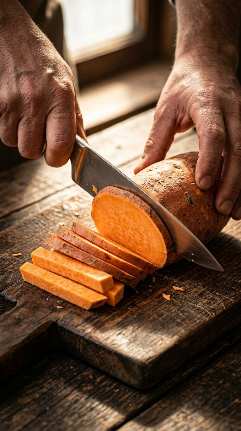 Slicing sweet potatoes