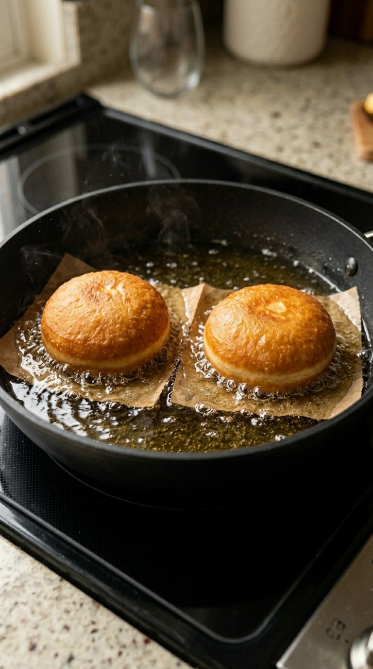 Donuts frying in oil