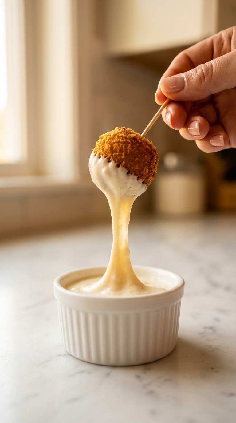 Hand holding toothpick with fried olive