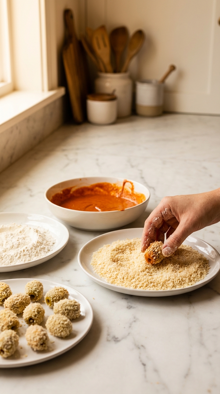 Rolling olive in panko