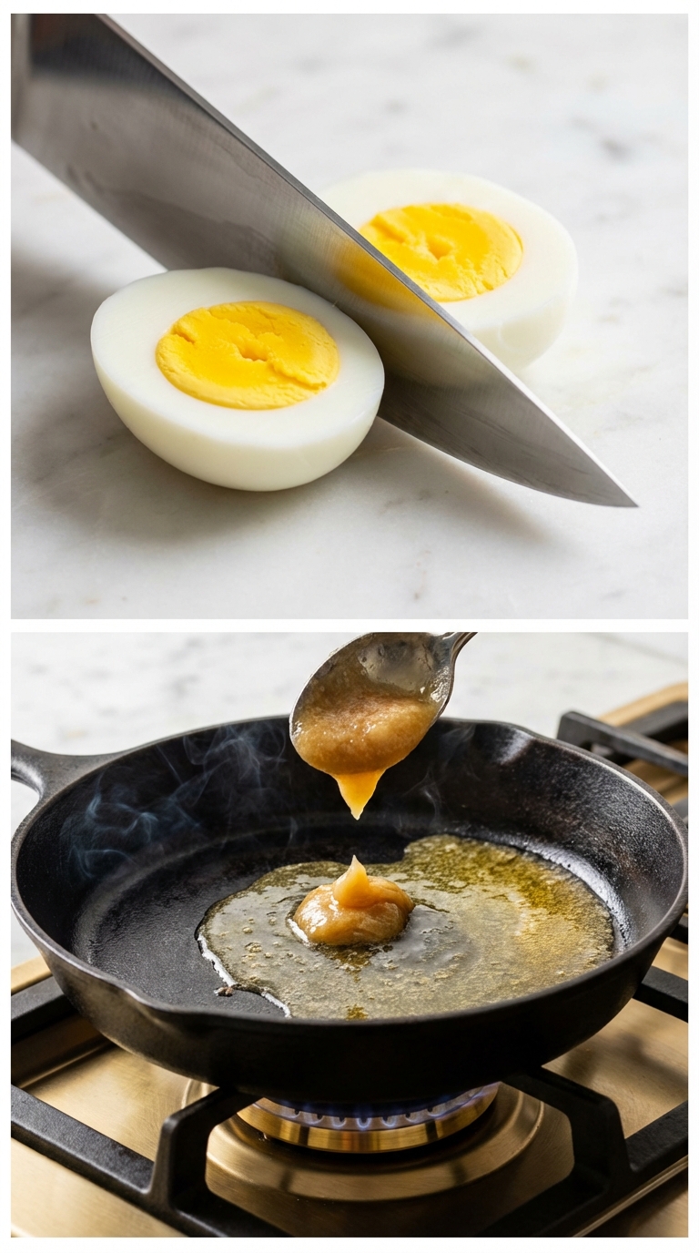 Slicing the crispy egg