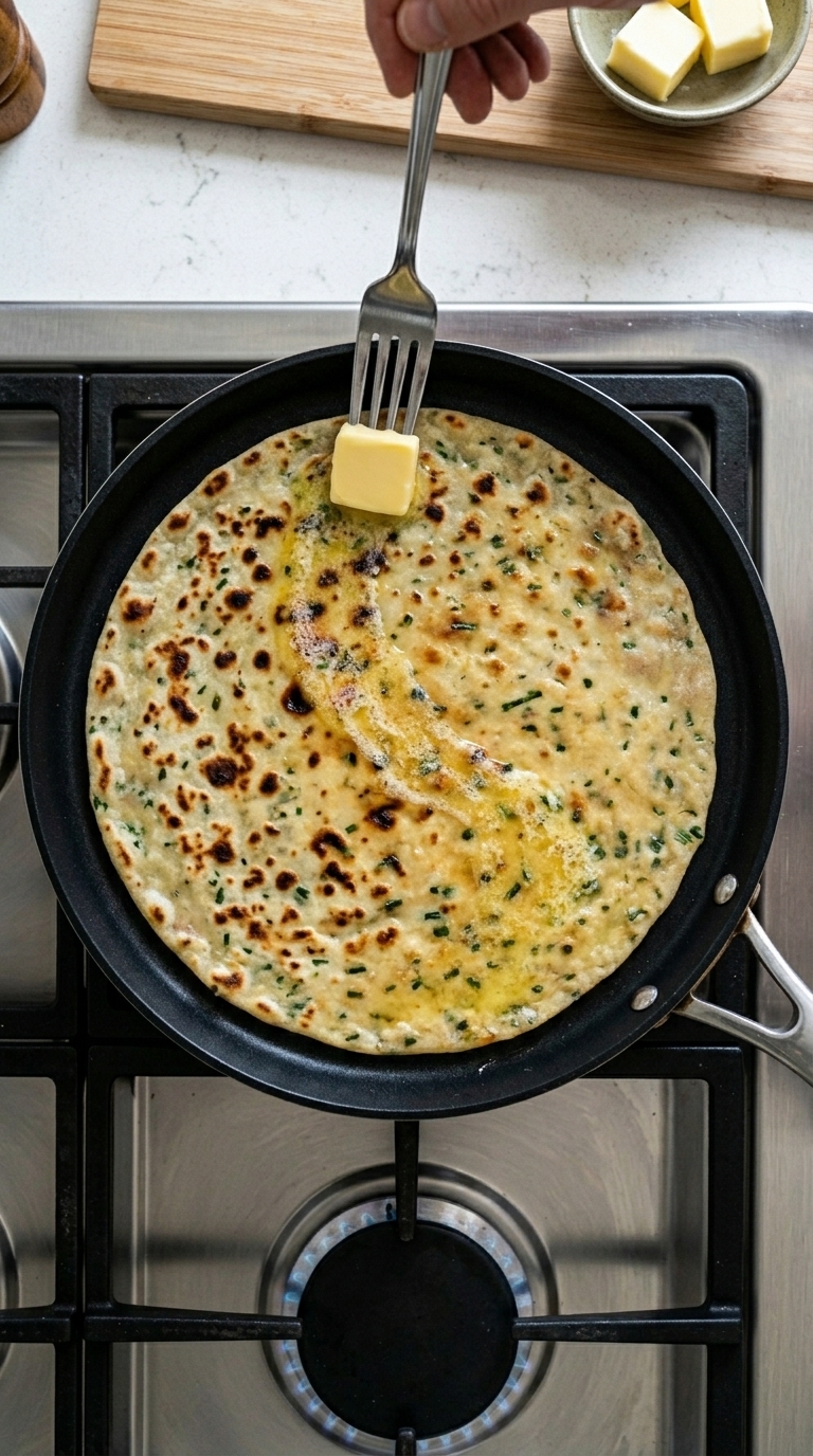 Flatbread cooking in pan