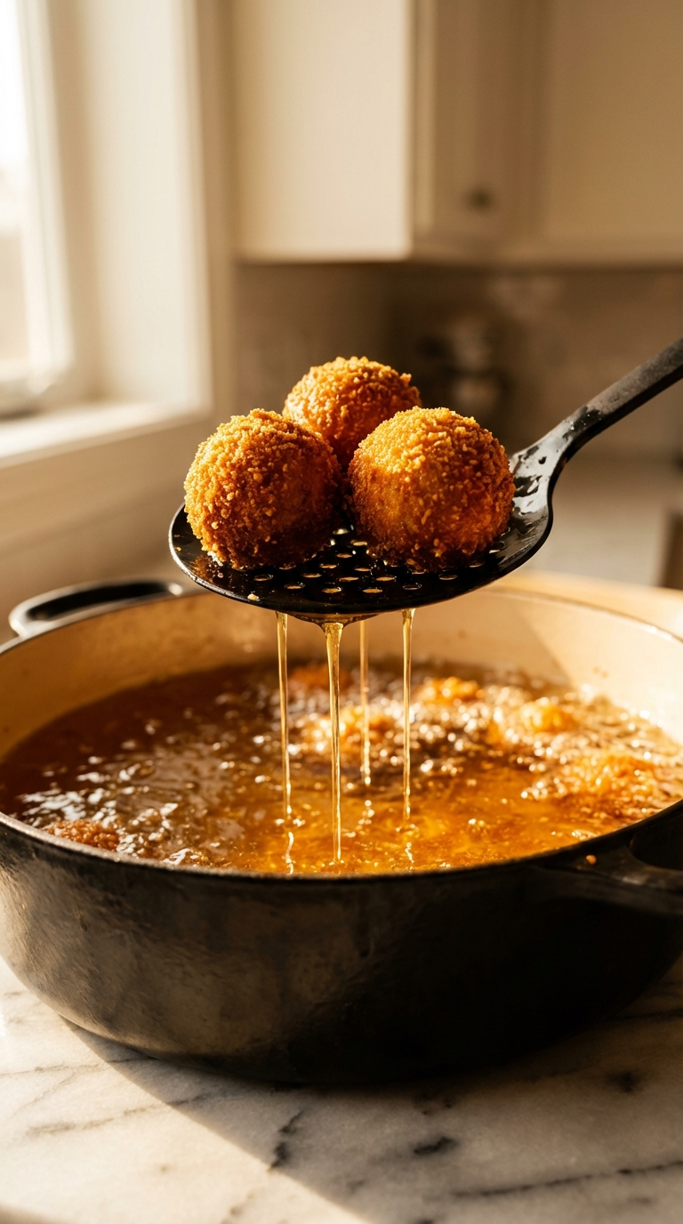 Spoon lifting fried olive
