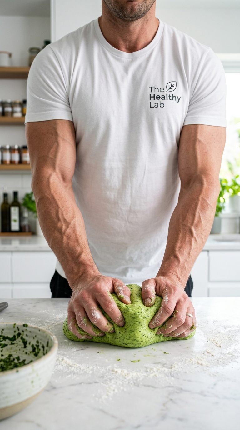 Kneading the green spinach dough
