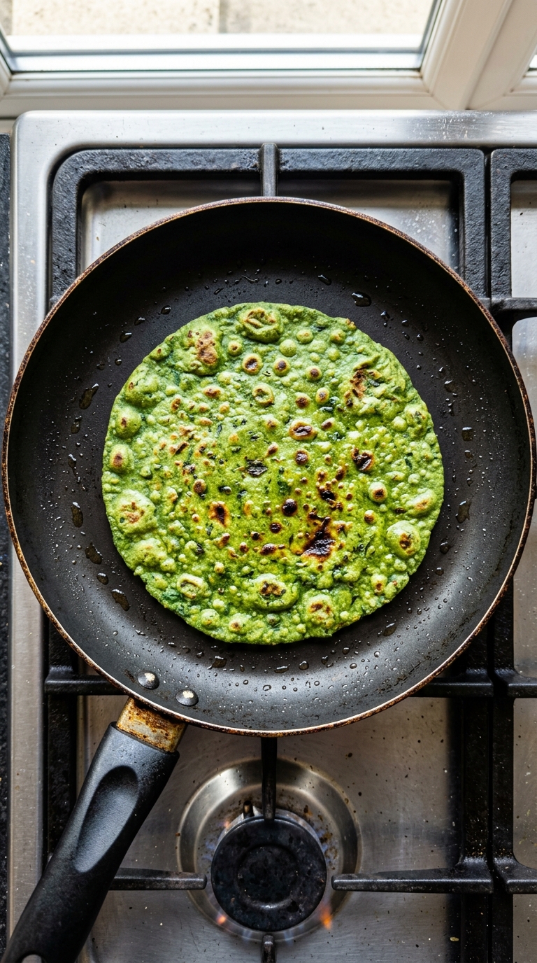 Cooking the spinach wrap in a pan