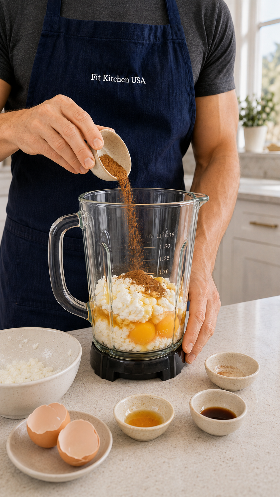 Adding cottage cheese and spices into blender
