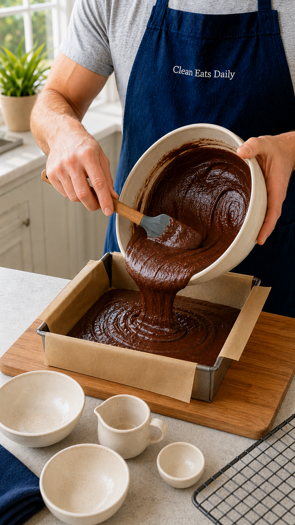 Pouring brownie batter into baking pan