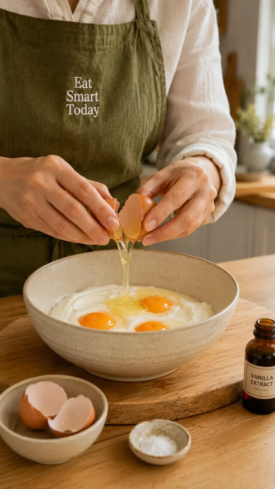 Cracking eggs into Greek yogurt bowl