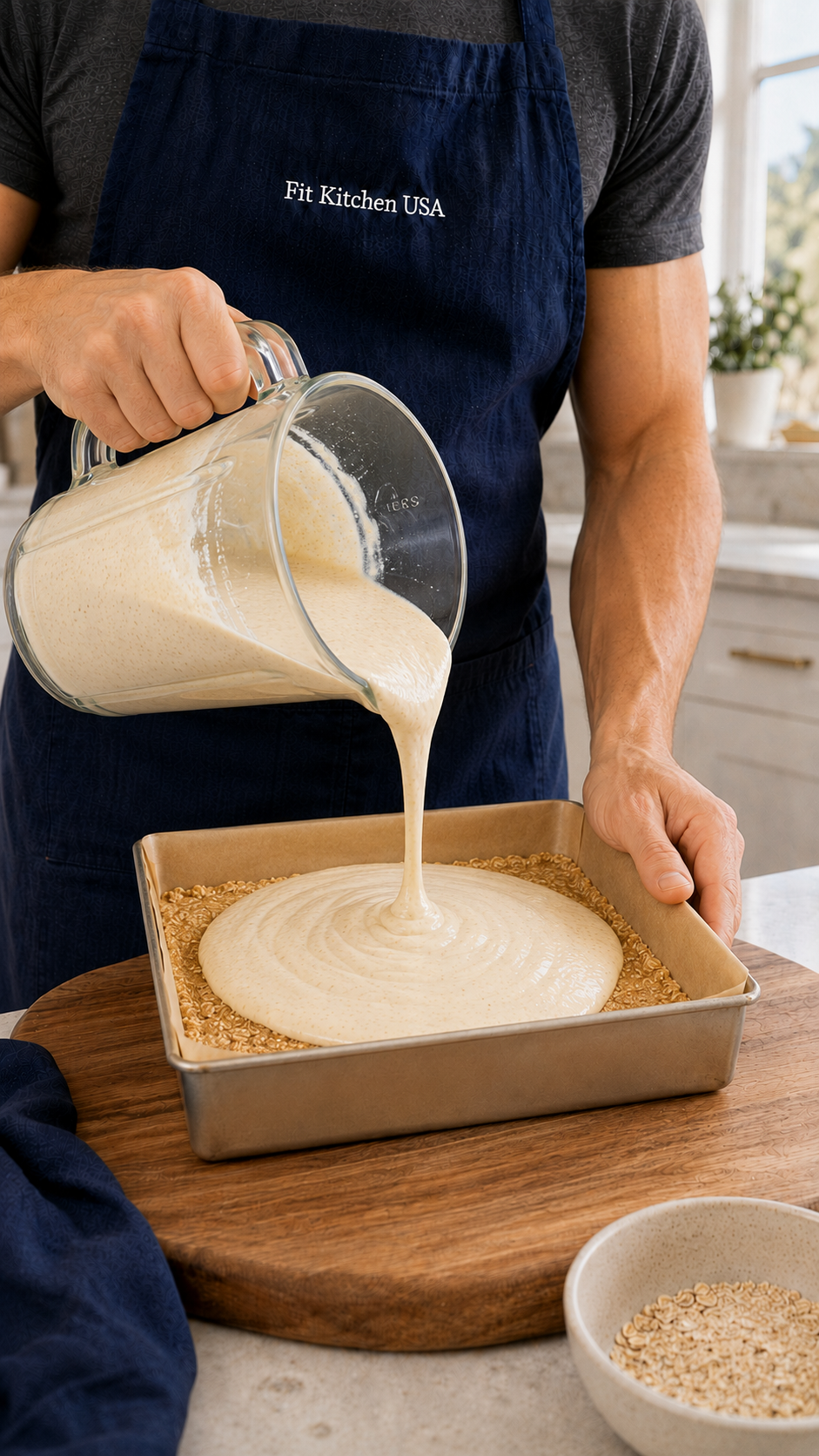 Pouring cheesecake filling into baking pan
