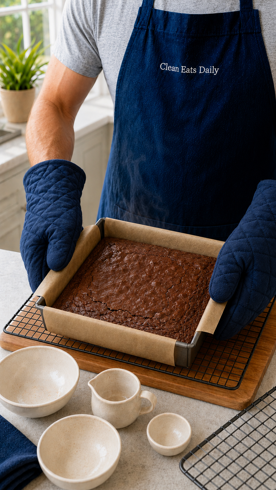 Freshly baked brownies in pan