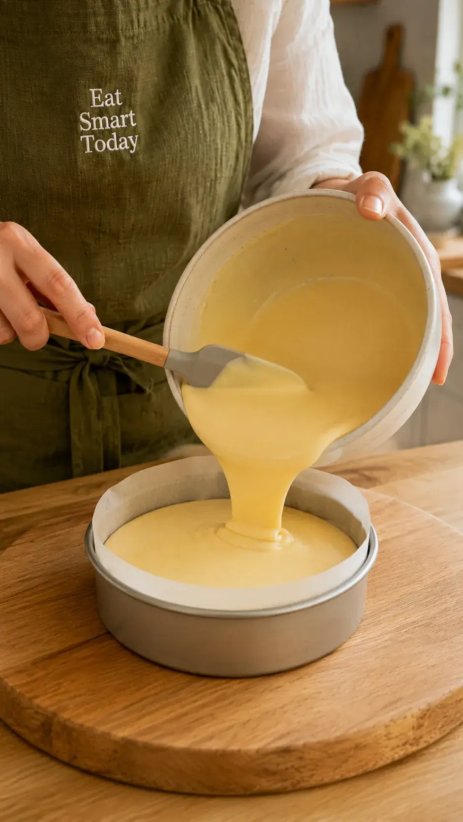 Pouring cheesecake batter into cake pan