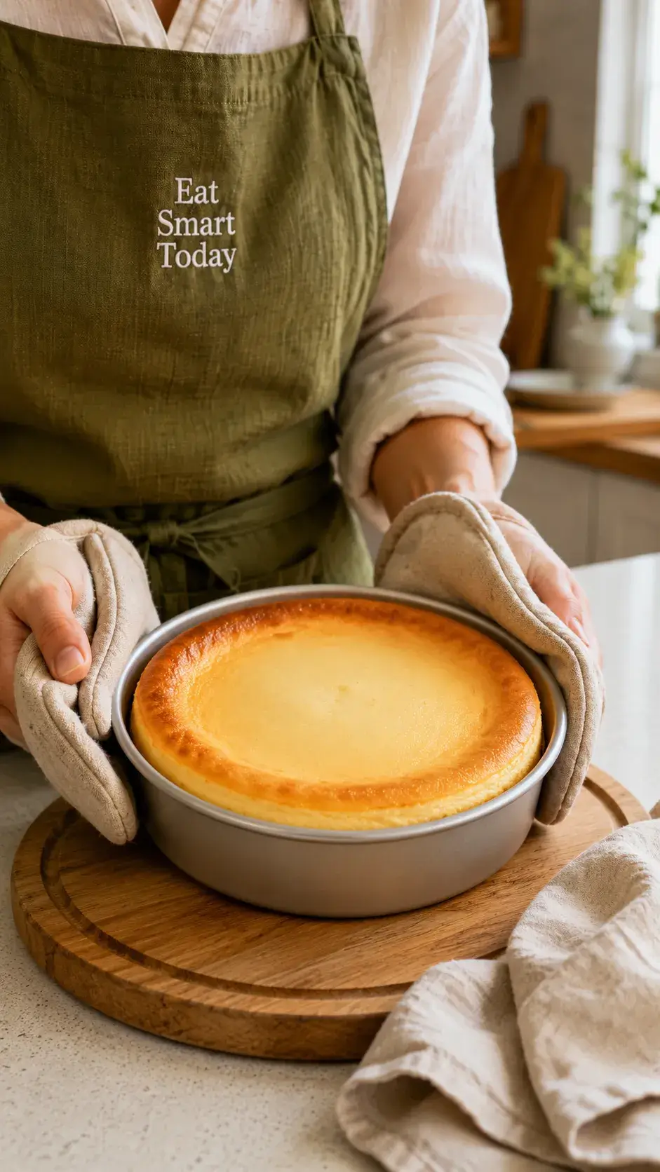 Freshly baked Greek yogurt cheesecake in pan