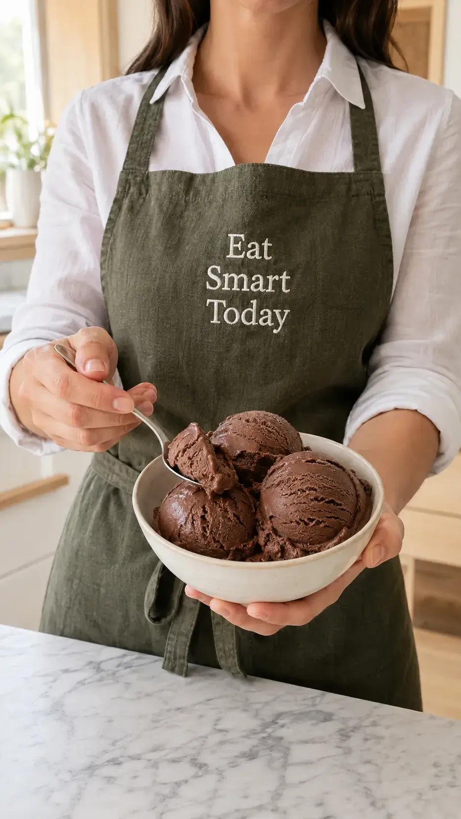 Scooping frozen coconut chocolate ice cream