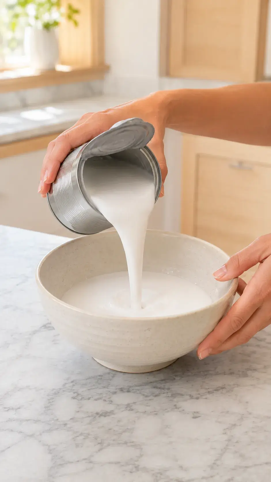 Pouring coconut milk into a bowl