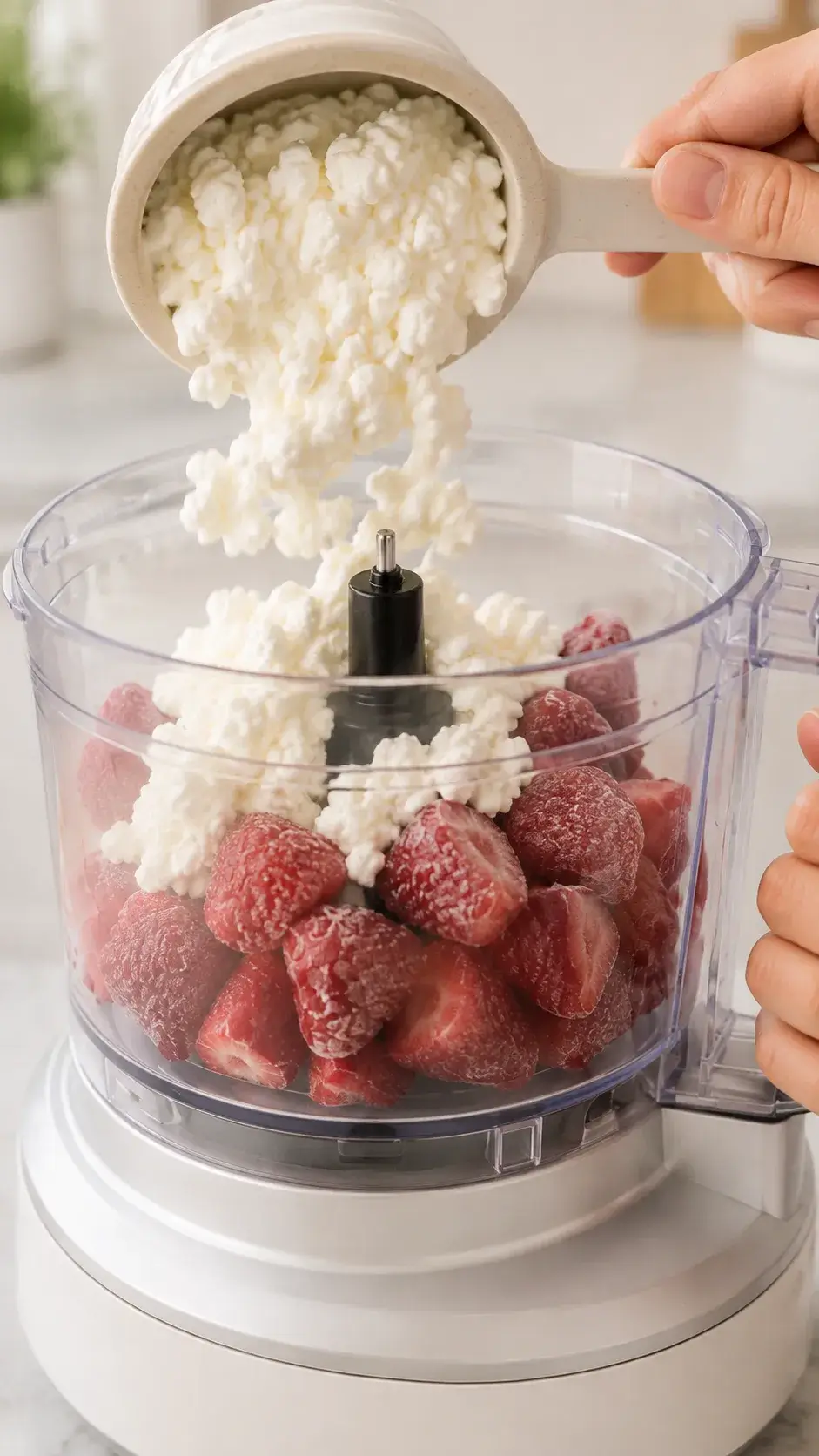Adding cottage cheese over strawberries