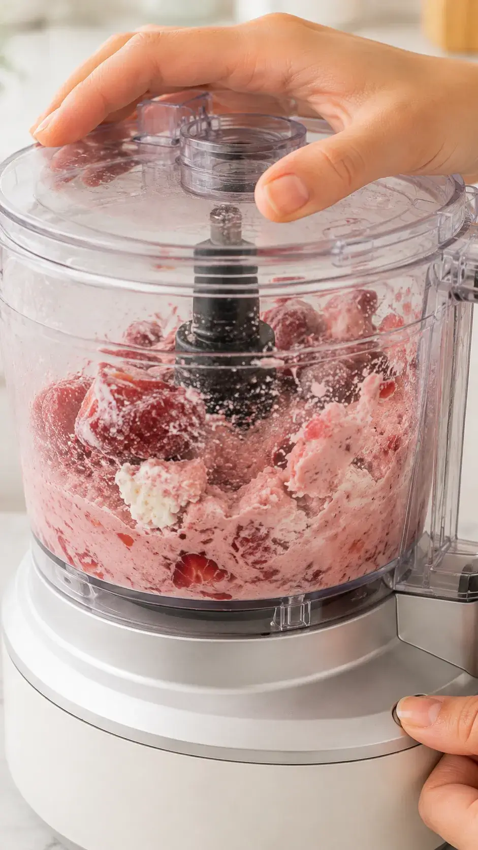 Blending strawberries and cottage cheese