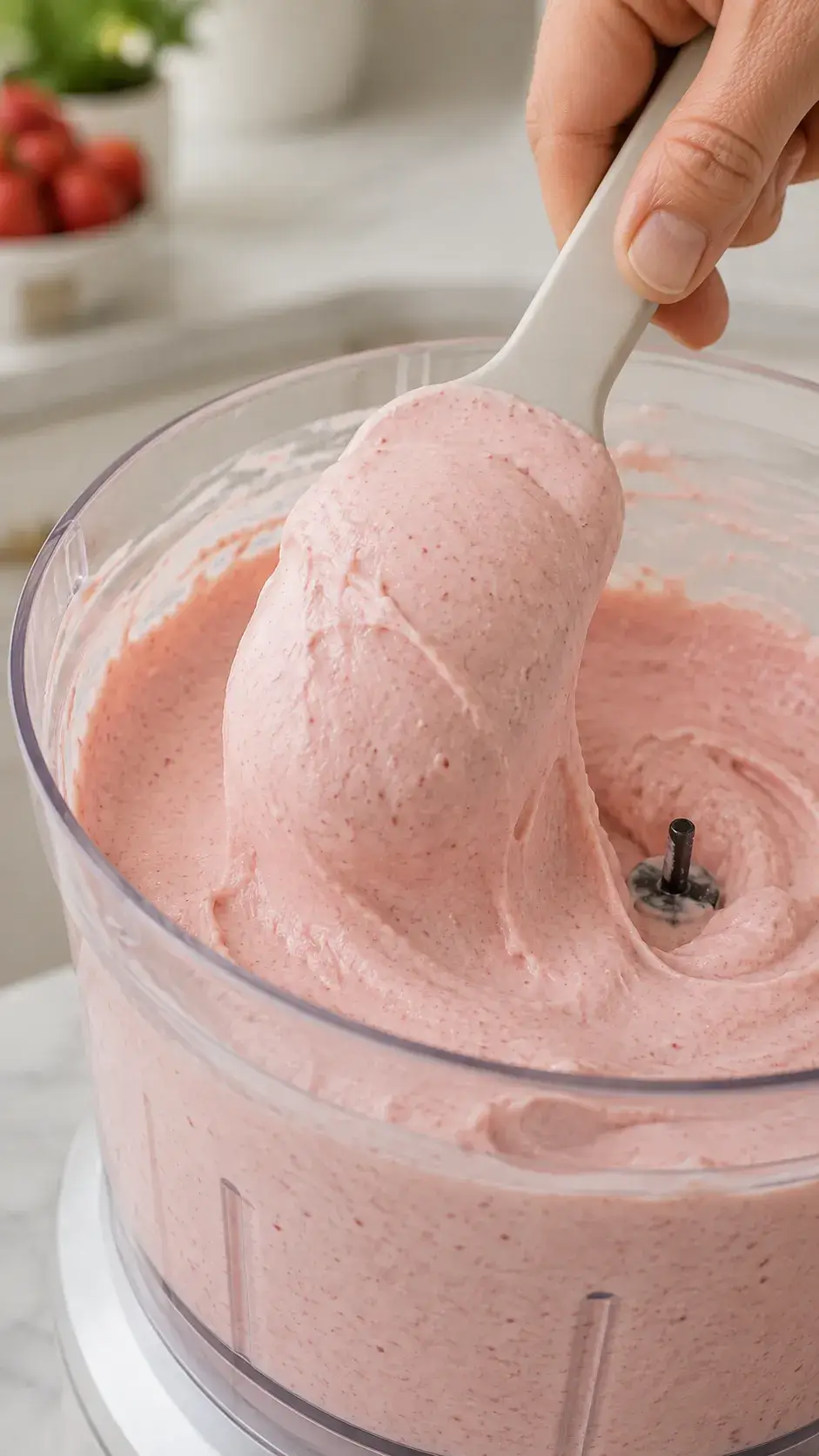 Transferring strawberry ice cream to glass container