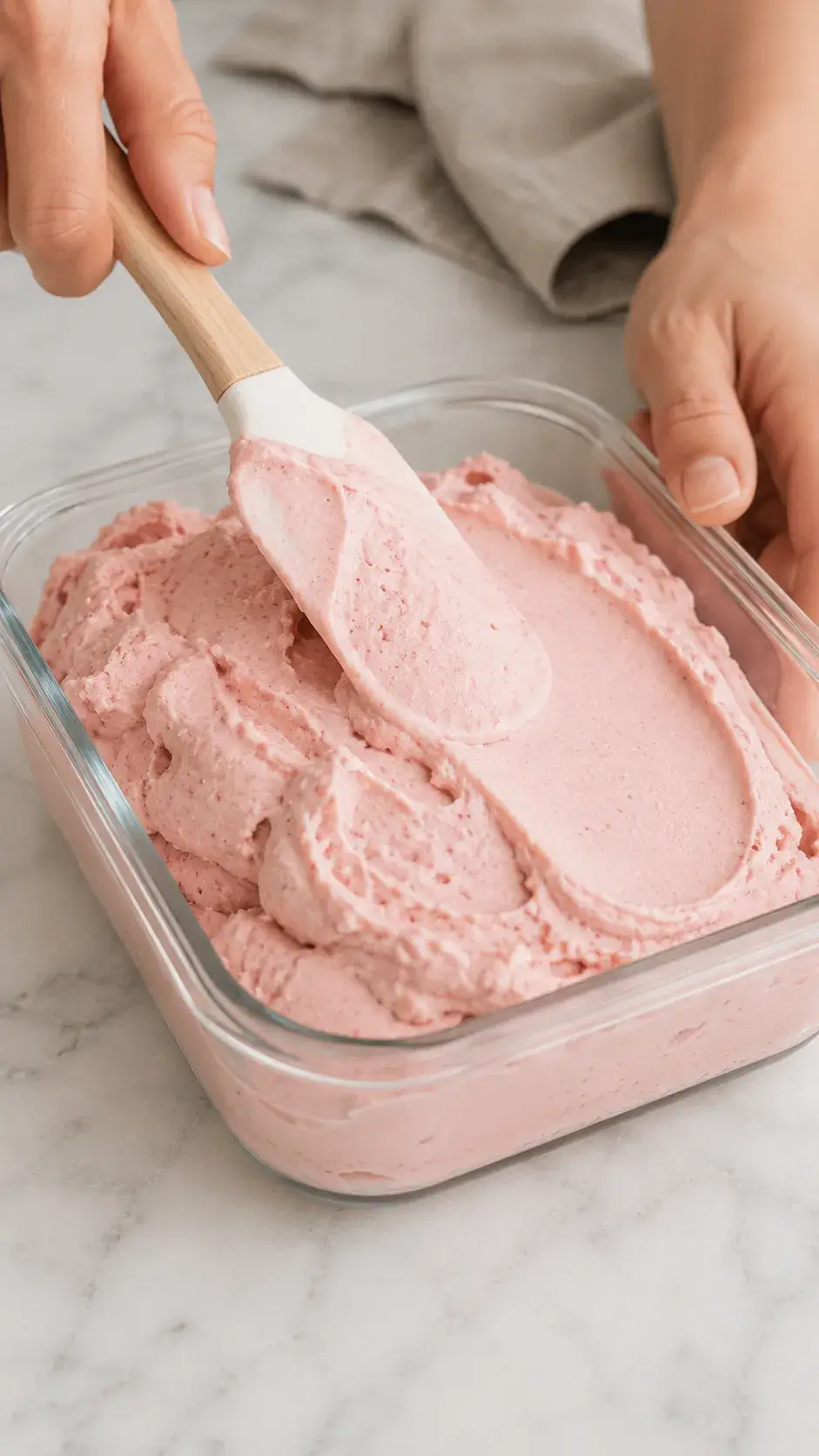 Susan holding a bowl of strawberry cottage cheese ice cream