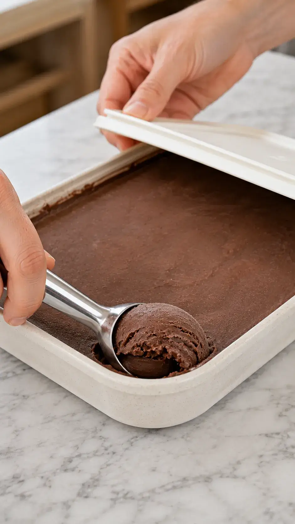 Hands holding a bowl of chocolate ice cream