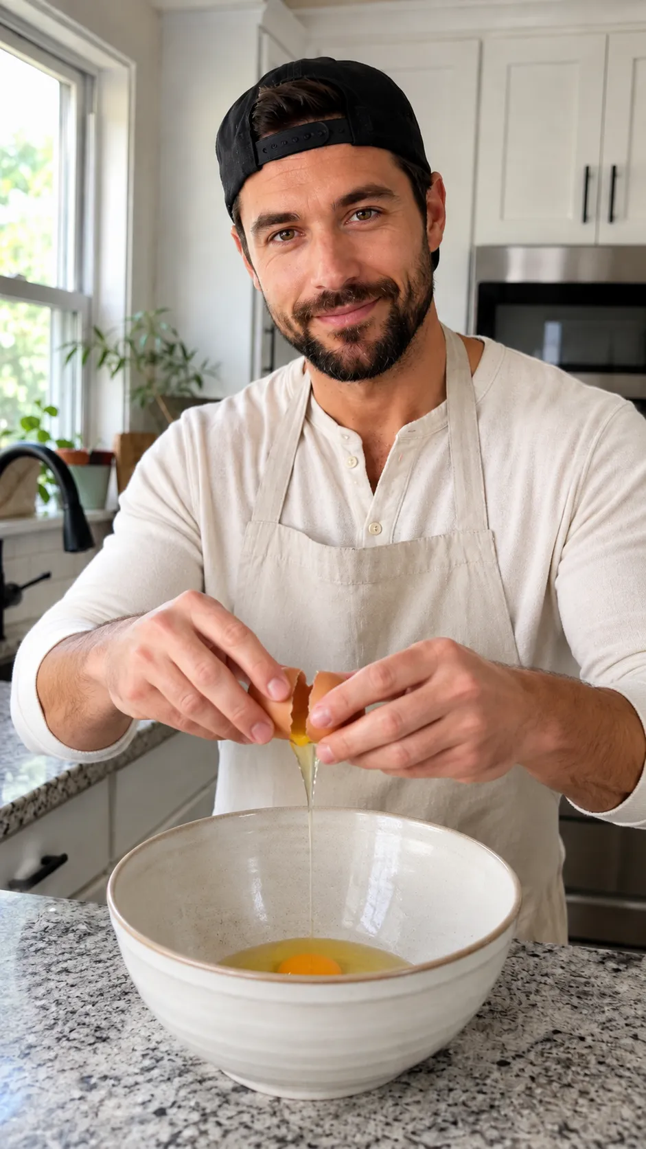 Cracking eggs into a mixing bowl to make flourless coconut cake