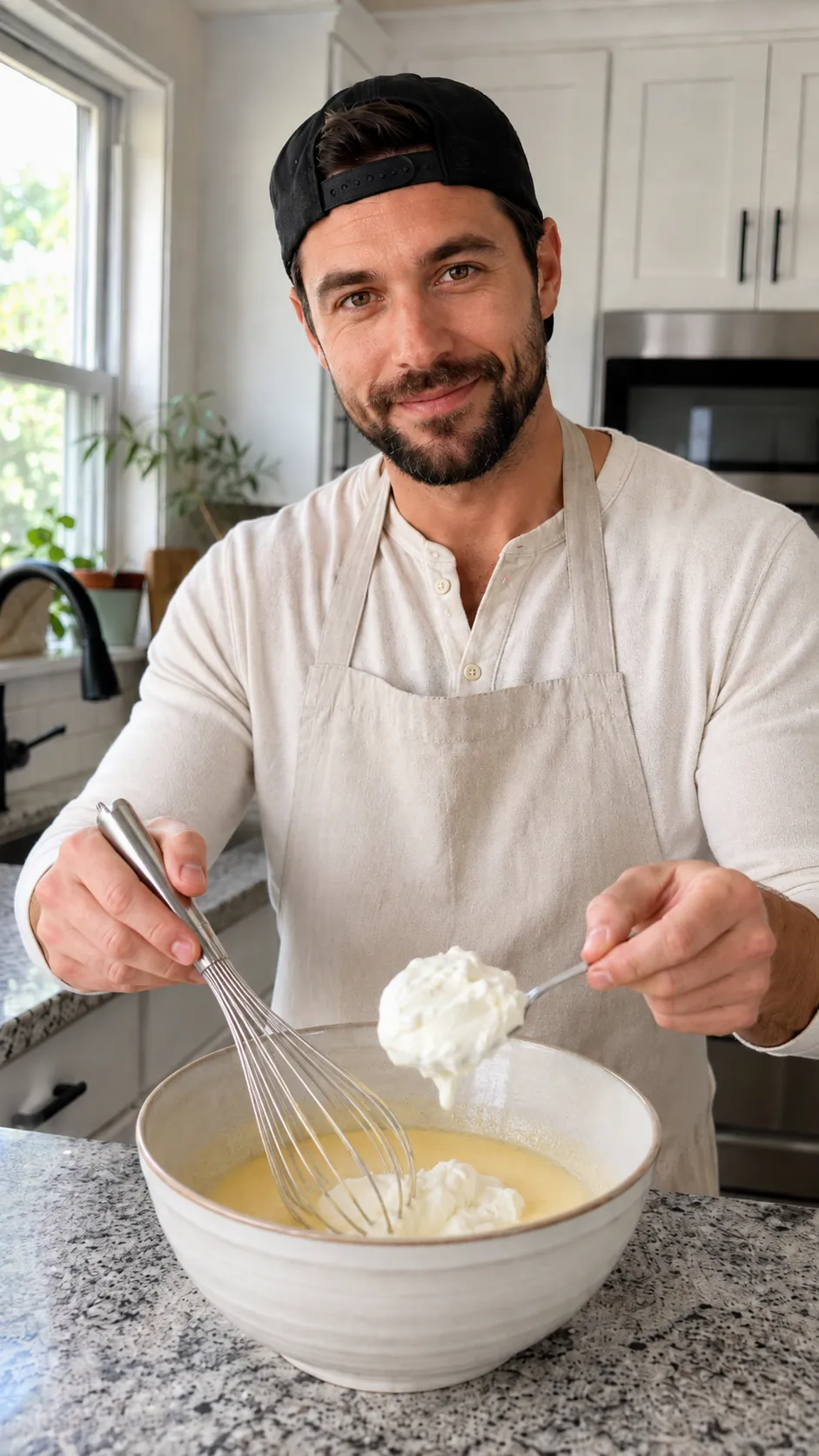 Adding Greek yogurt to the bowl with eggs
