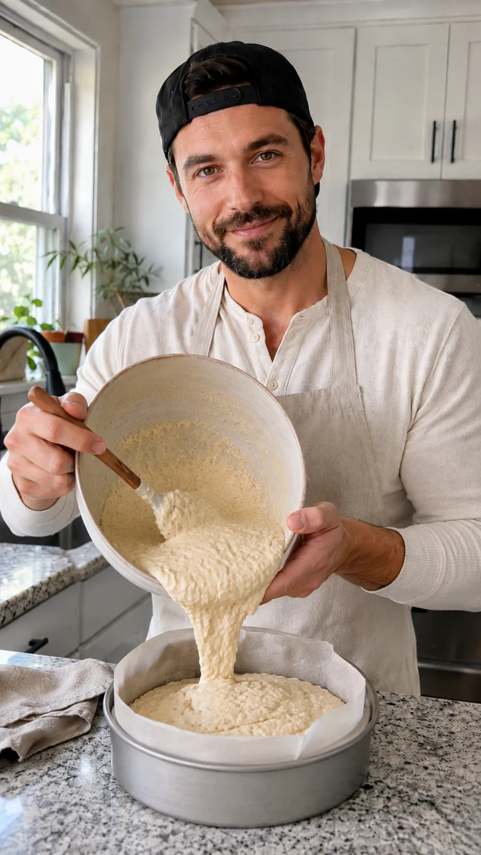 Pouring coconut cake batter into lined cake pan