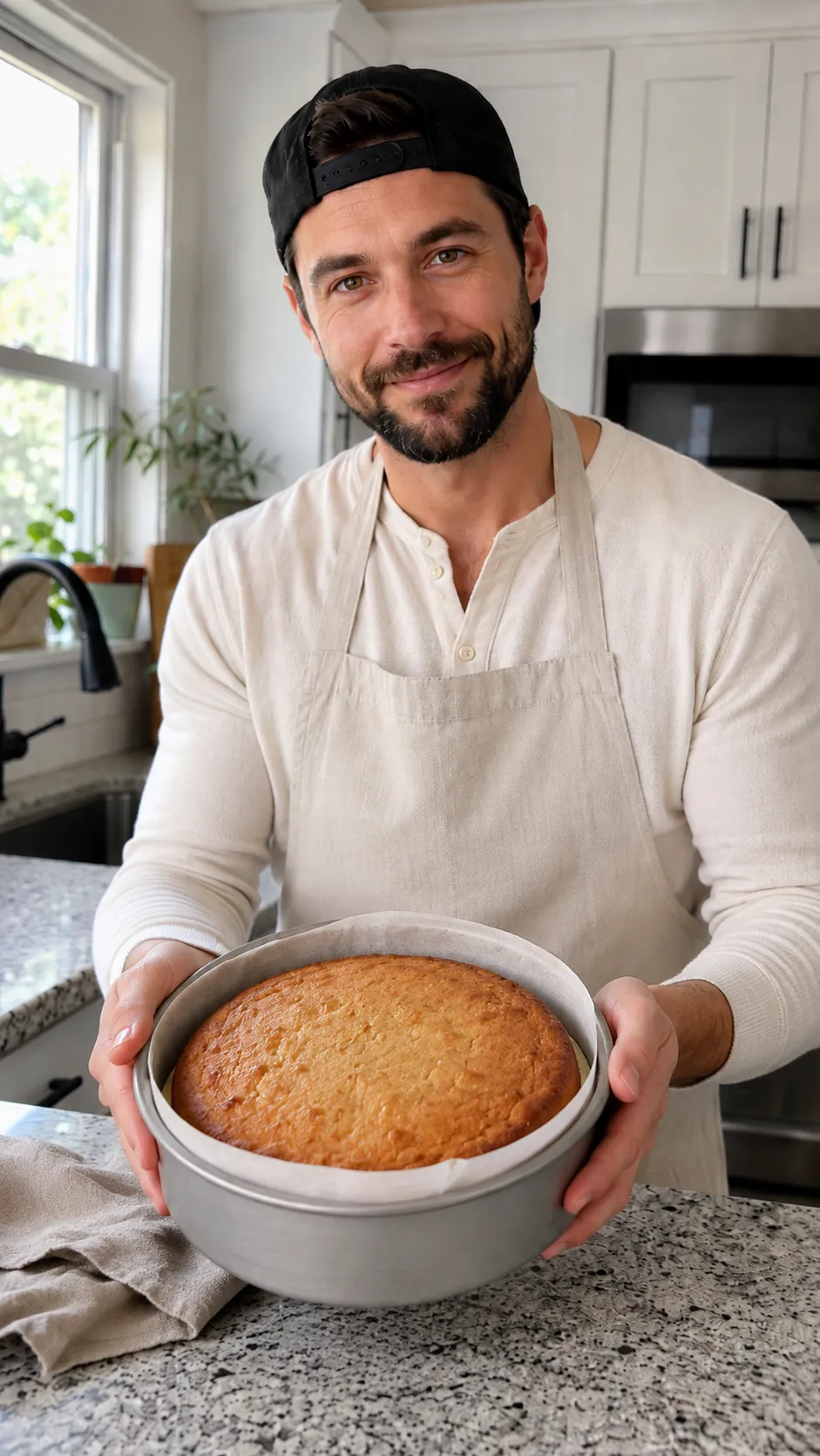 Baked golden coconut cake in pan