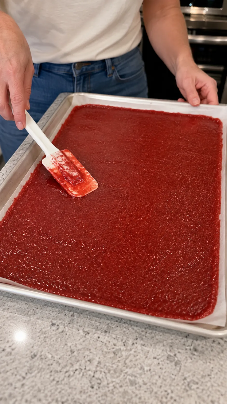 Pouring strawberry chia mixture onto parchment paper