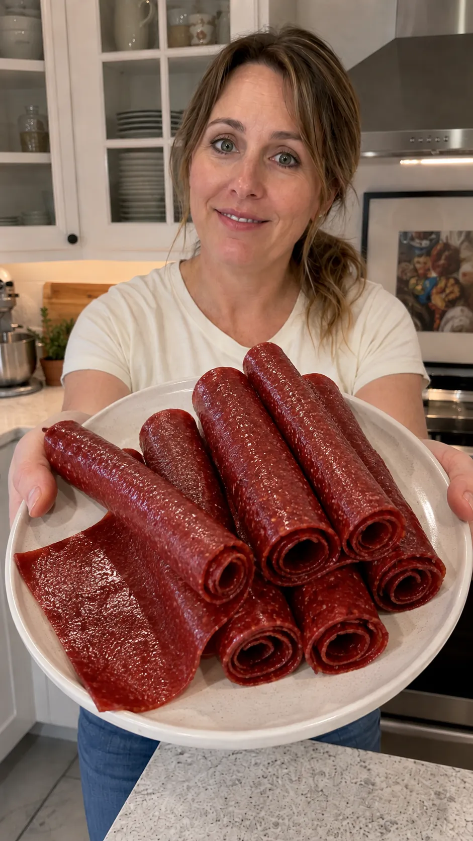 Homemade Strawberry Fruit Roll-Ups Winders rolled up on parchment paper