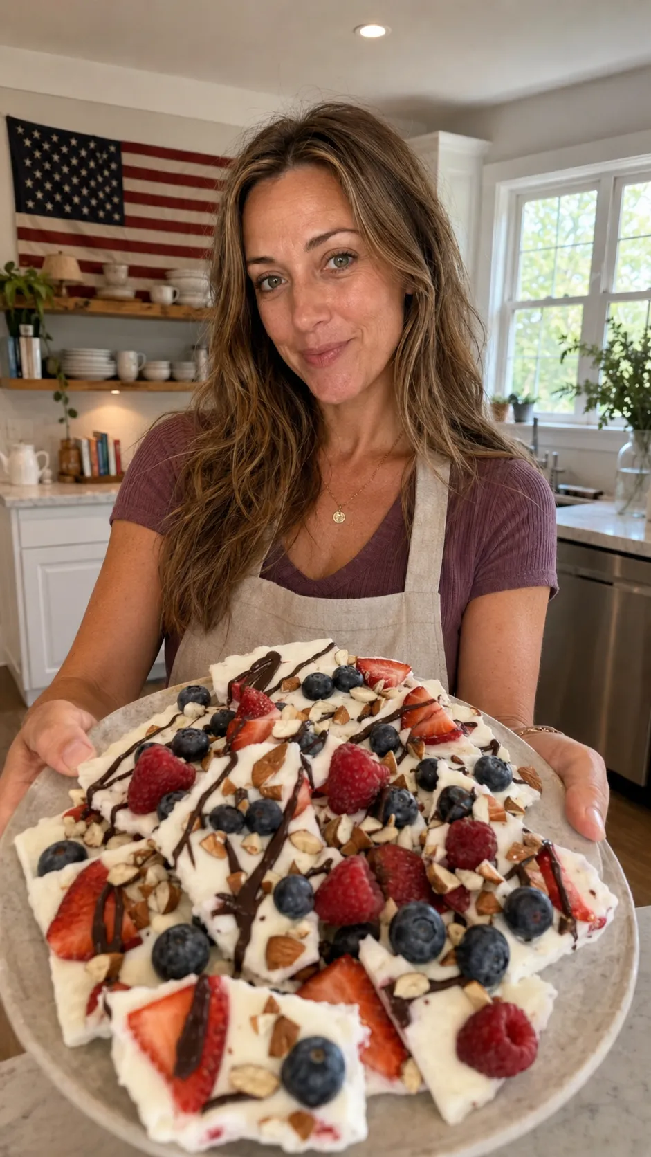 Drizzling melted dark chocolate over berry yogurt bark