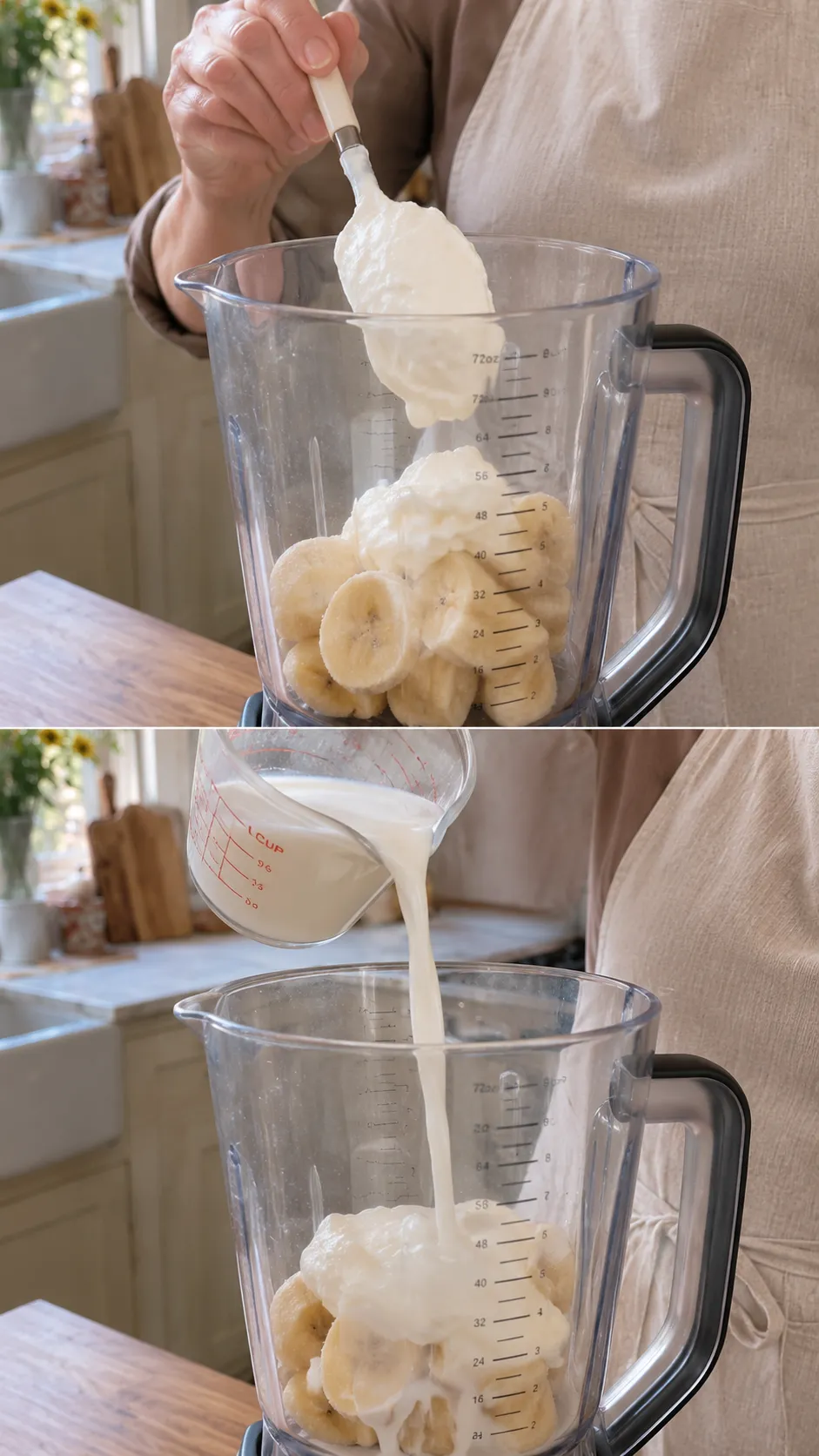Blending mocha banana shake until creamy