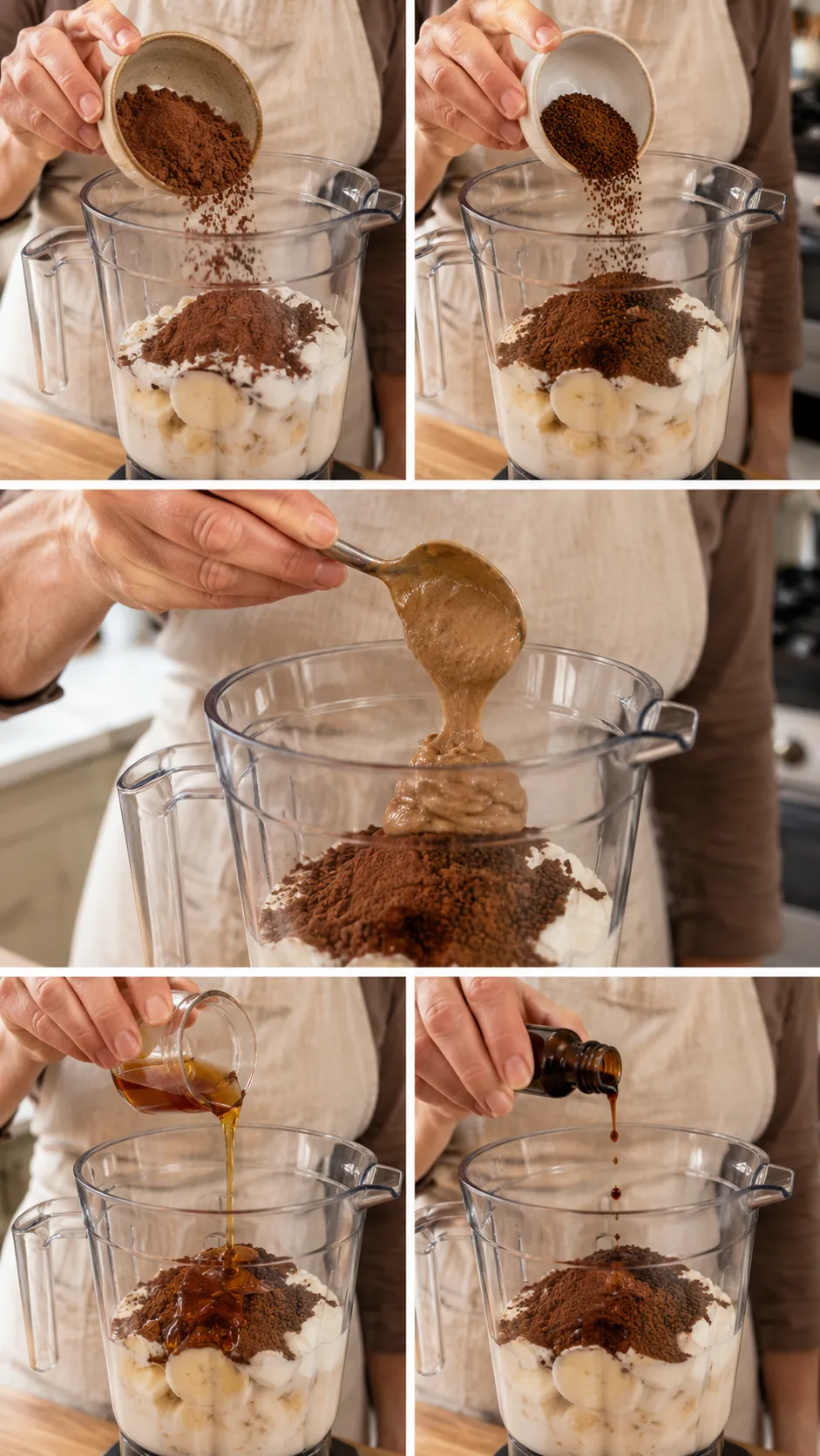 Adding cocoa powder and espresso to blender