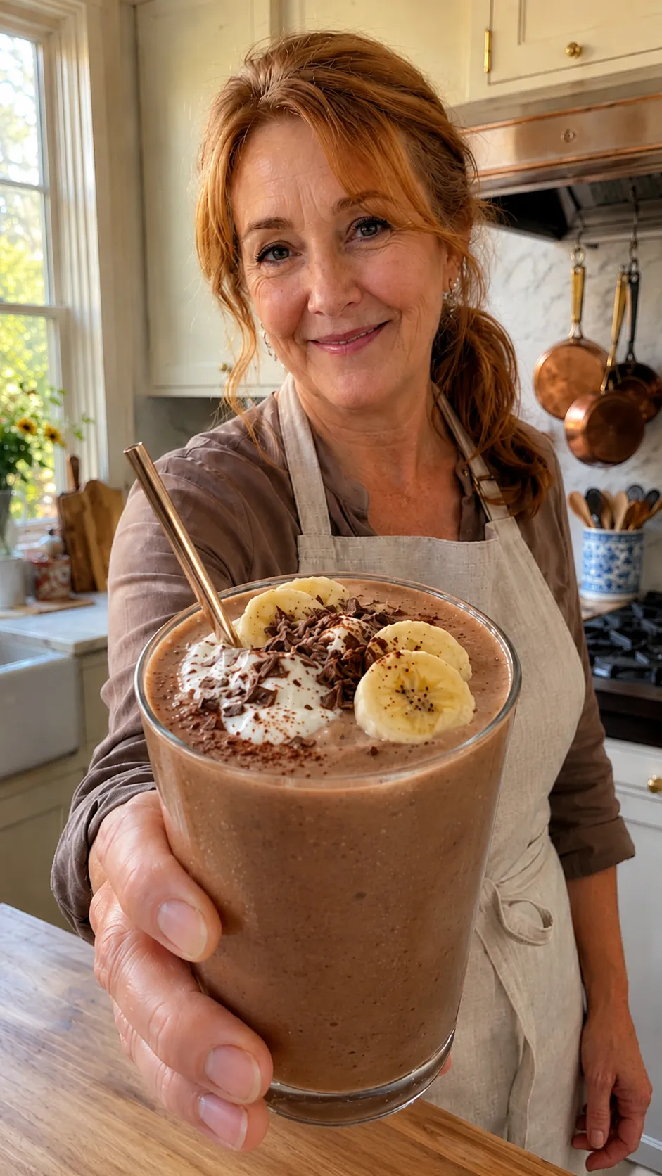 Thick Mocha Banana Shake in a glass with toppings