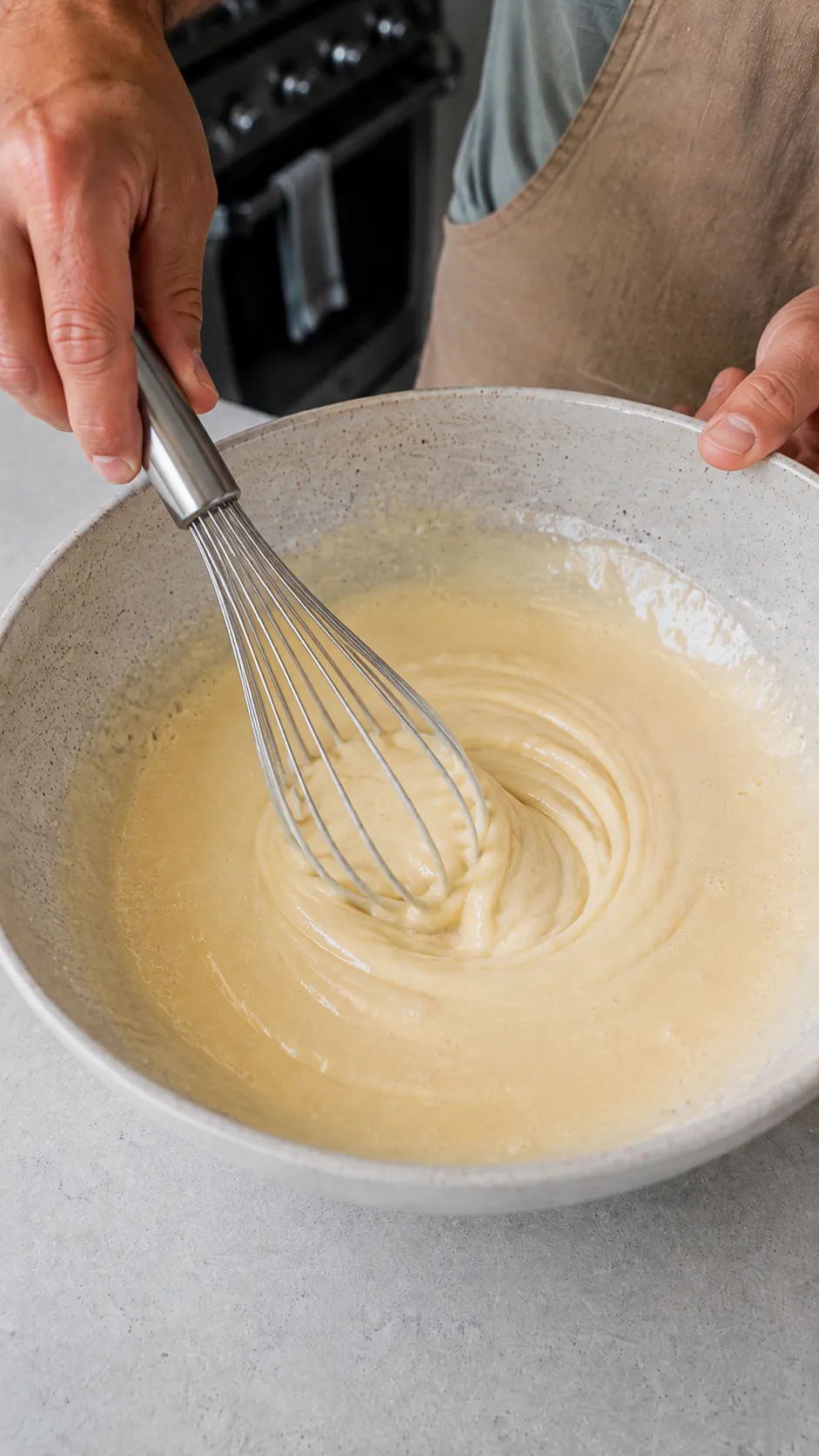 Combining wet and dry coffee cake ingredients in a bowl