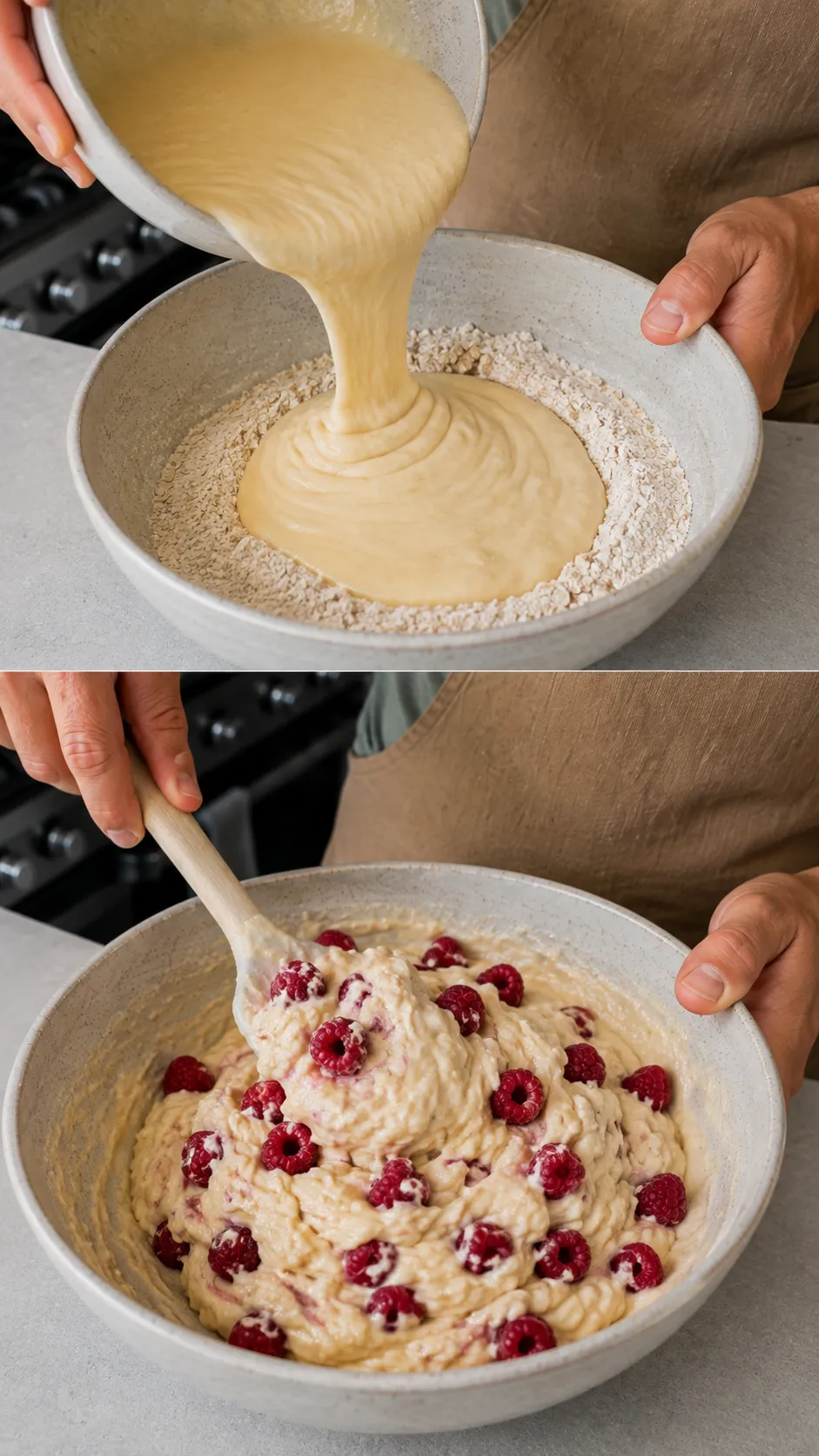 Adding fresh raspberries to almond coffee cake batter