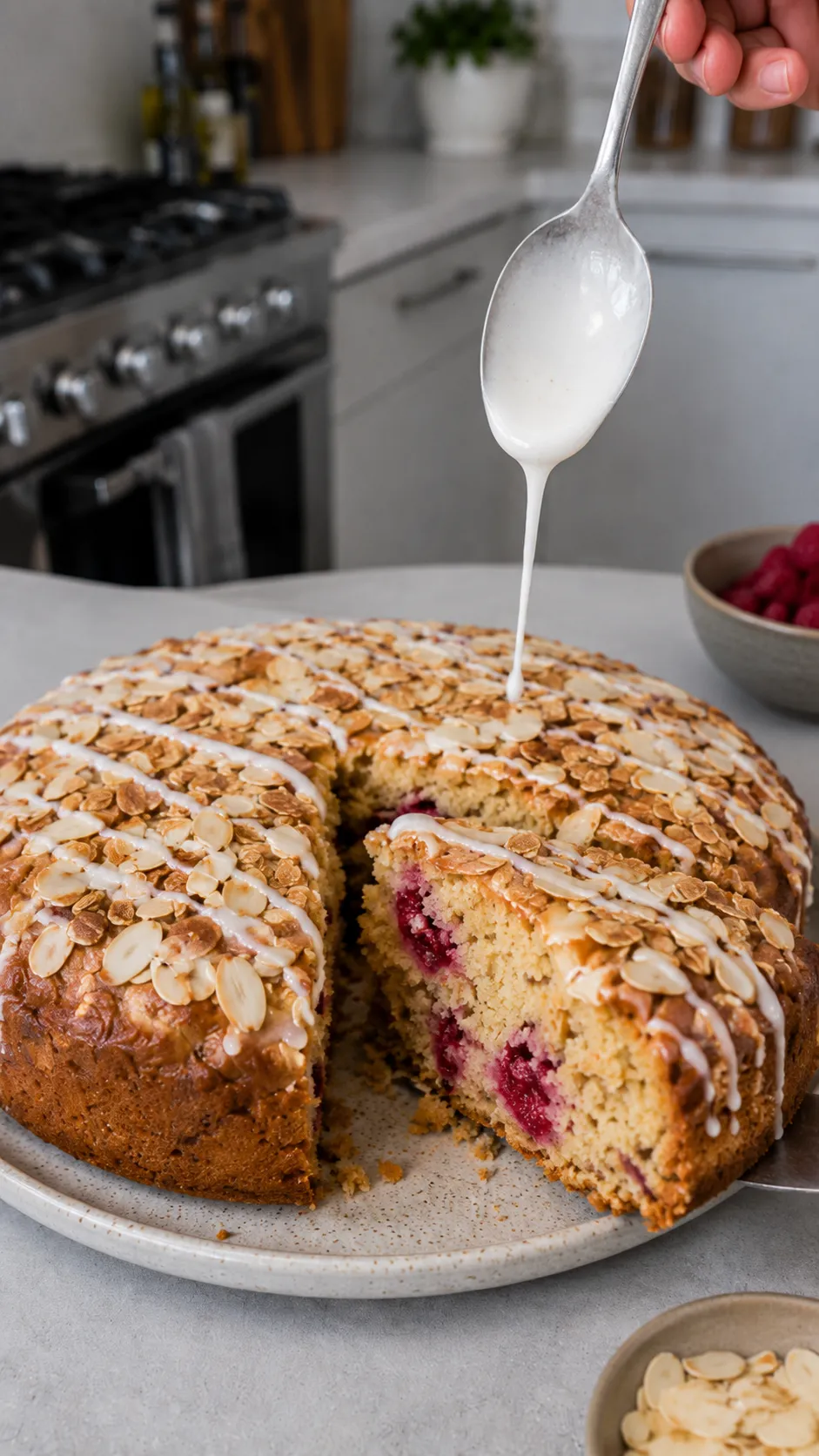 Healthy Raspberry Almond Coffee Cake on a plate
